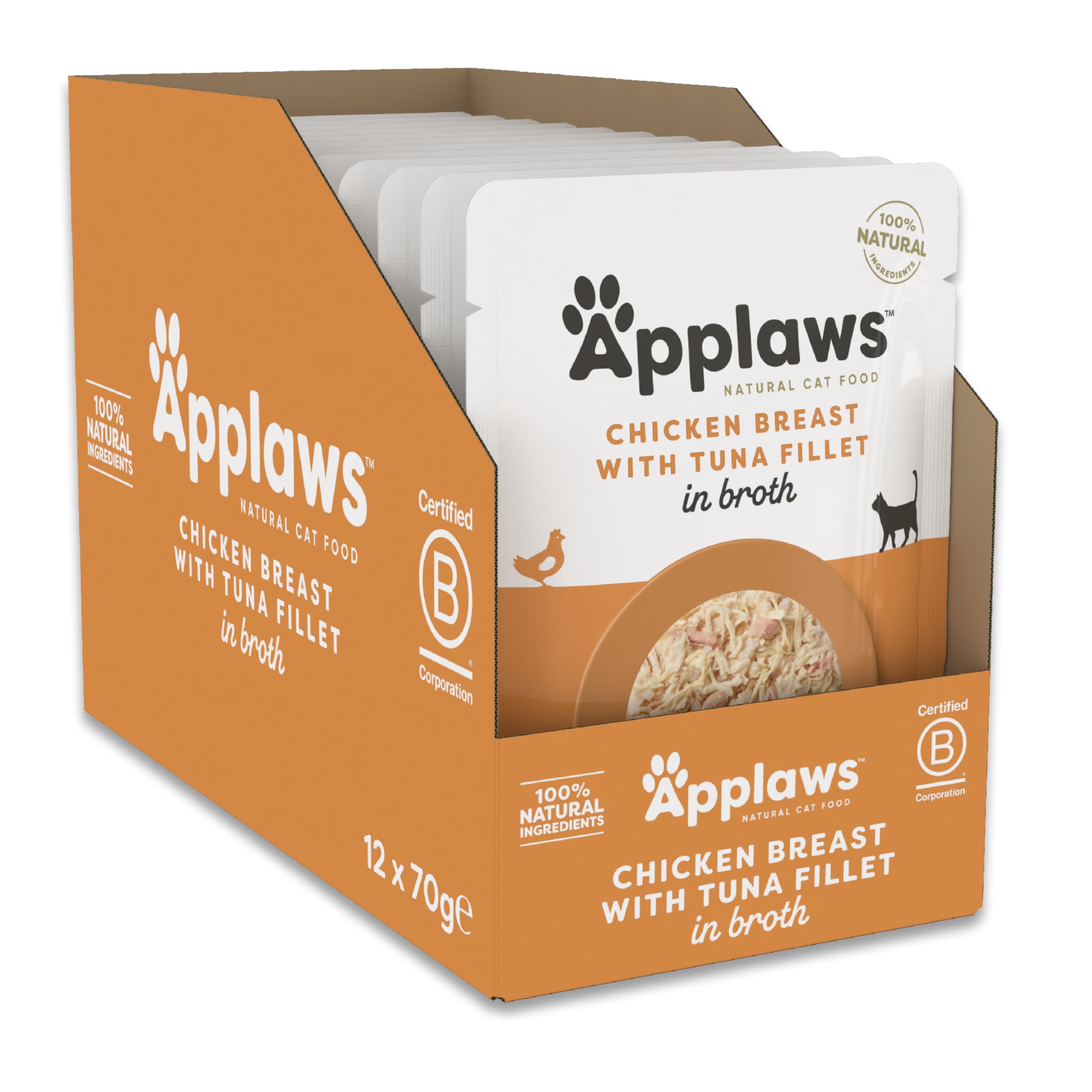 Applaws Natural Wet Cat Food Pouch, Chicken with Tuna in Broth - 12 x 70g