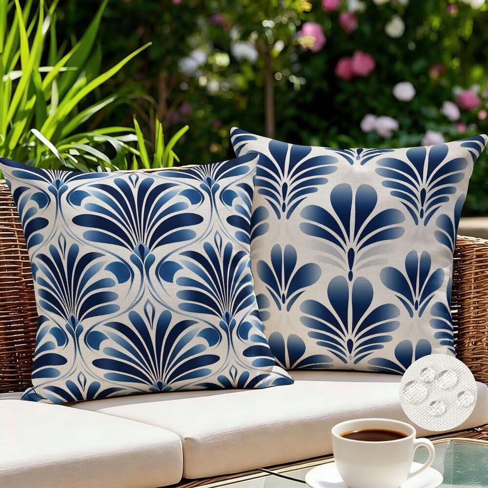 Outdoor Cushion Covers 40cm x 40cm Blue Garden Cushions Waterproof Abstract Throw Pillow Cases Set of 2 Bohemian Cushion Cover Linen Sofa Cushions Decorative Throw Pillows for Garden Patio (IU226)