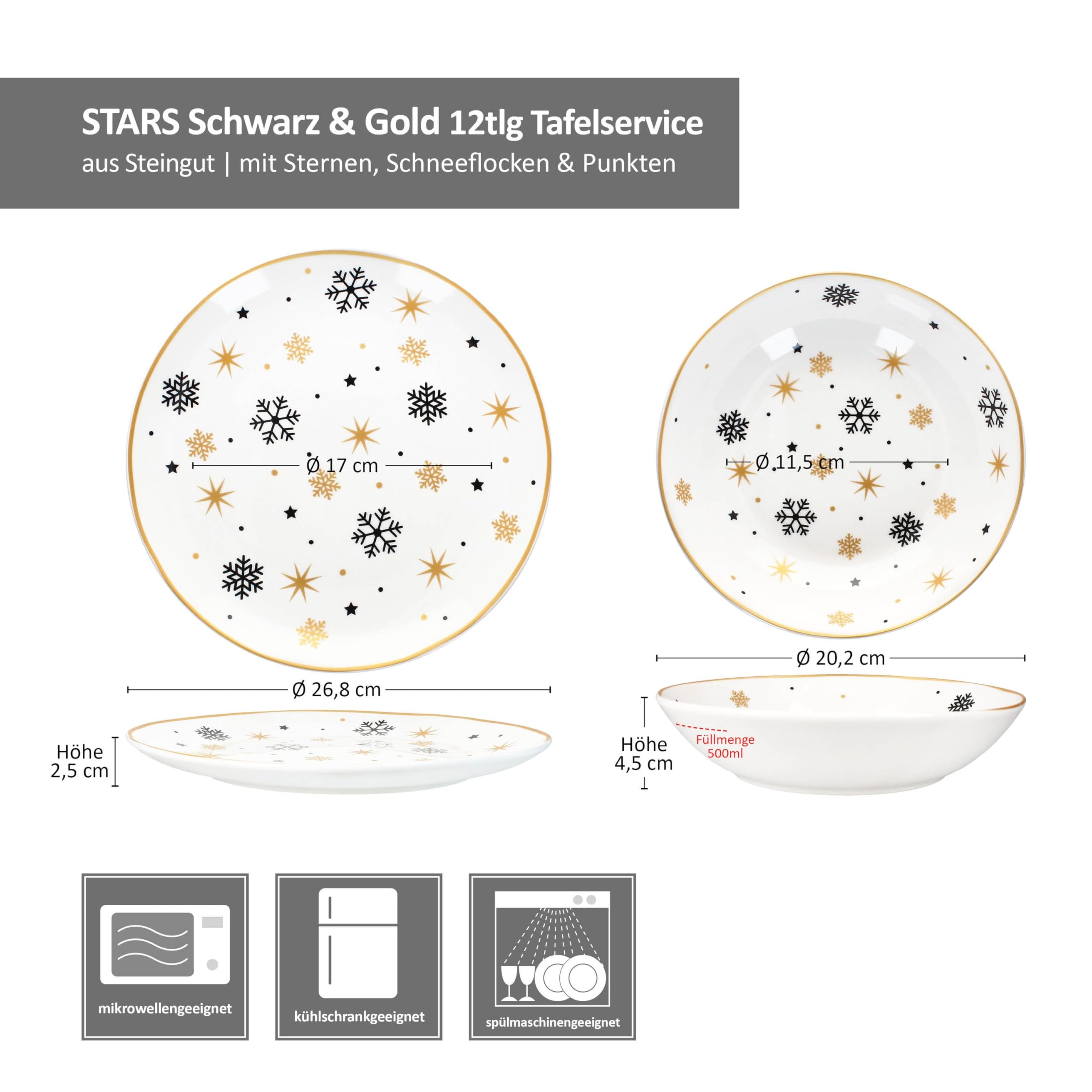 MamboCat Stars schwarz & Gold 12tlg Tafelservice I Steingut-Geschirr für 6 Personen Sternen & Schneeflocken I 6X Flache Speiseteller & 6X Tiefe Suppenteller 500ml