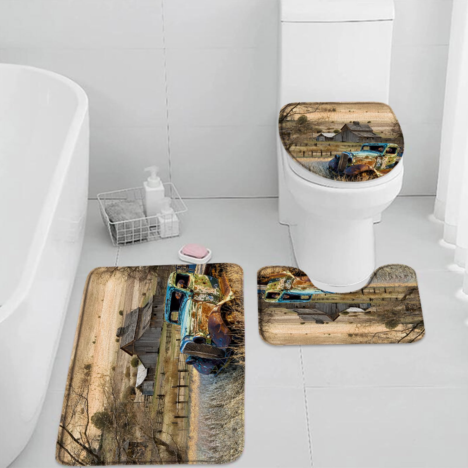 3 Pieces Set Farmhouse Vintage Old Truck Bath Mat Rustic Wooden Barn Vintage American Classic Antique Car Farm Truck Bathroom Rugs Toilet Lid Cover