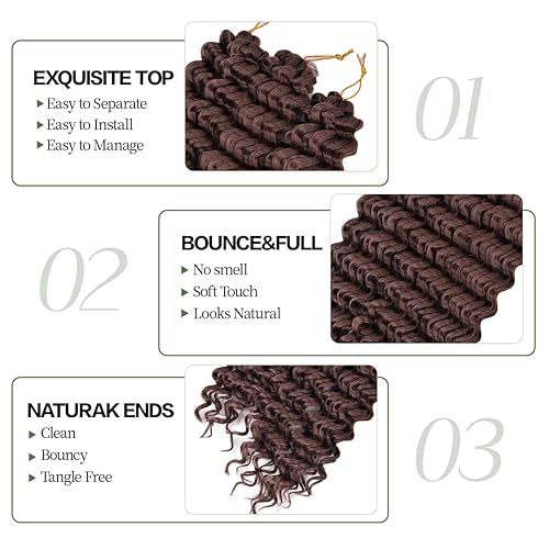 Miniatura 3 de Extensiones de cabello ondulado con ganchillo de 22 pulgadas, 6 paquetes de extensiones de cabello ondulado profundo marrón chocolate, extensiones