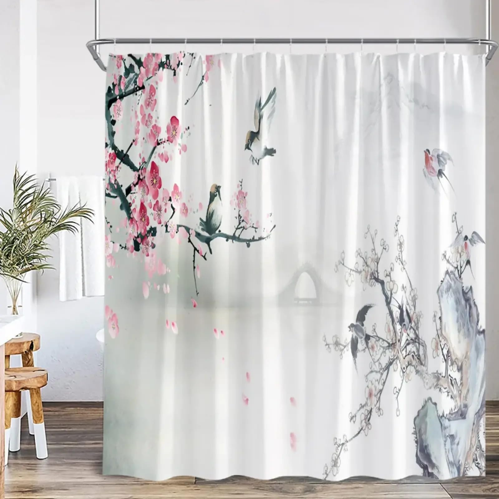 Rideau de douche peinture chinoise zen en tissu imprimé bambou et grue rétro pour salle de bain