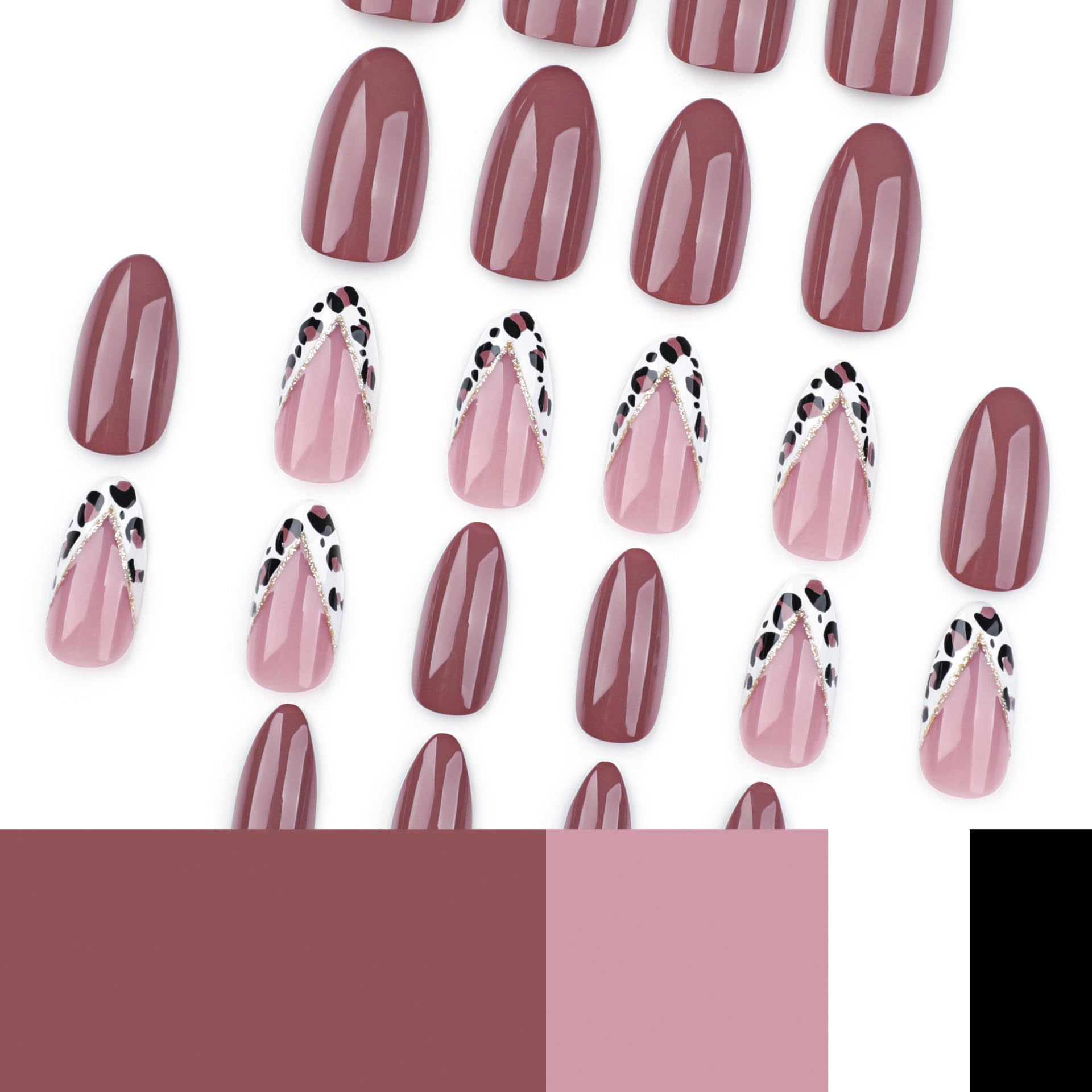 SXVME Fall Mauve False Nails with French Tip Leopard Design, Soft Gel Press on Nails Short Almond - Image 2