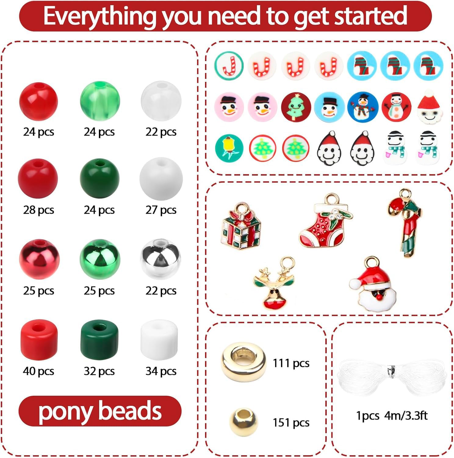 Kit De Perles De Noël 615 Pièces Pour Bijoux - Rouge, Vert, Breloques Et élastiques