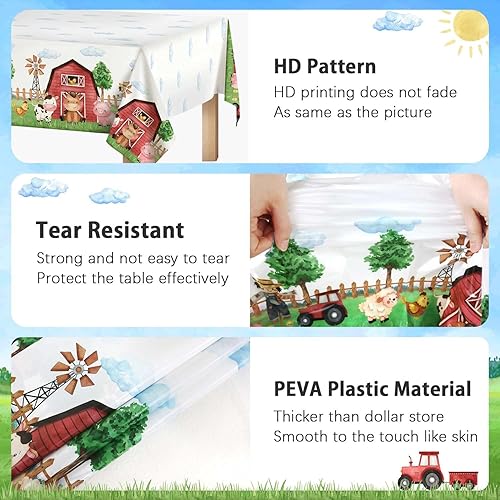 Miniatura 6 de Heboland Mantel de 3 piezas para fiesta de cumpleaños de animales de granja tamaño grande 54 x 108 pulgadas rectangular de plástico suministros para
