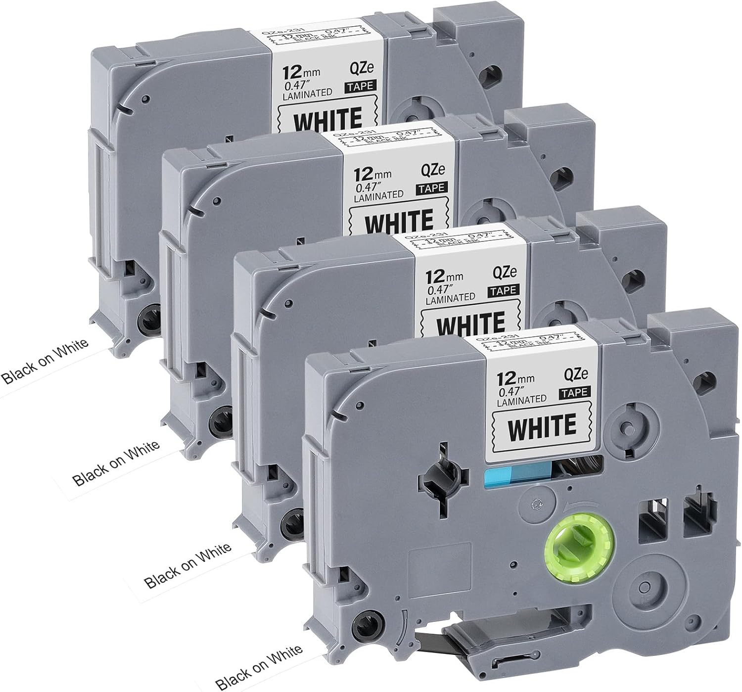 4pack 12mm 0.47'' TZe TZ Tape Laminated White Label Maker Tape Replacement for Brother P Touch Label Tape TZe-231 TZe231 Compatible with Brother PT-D210 PT-D220 PT-H110 PT-D410 PT-P710BT