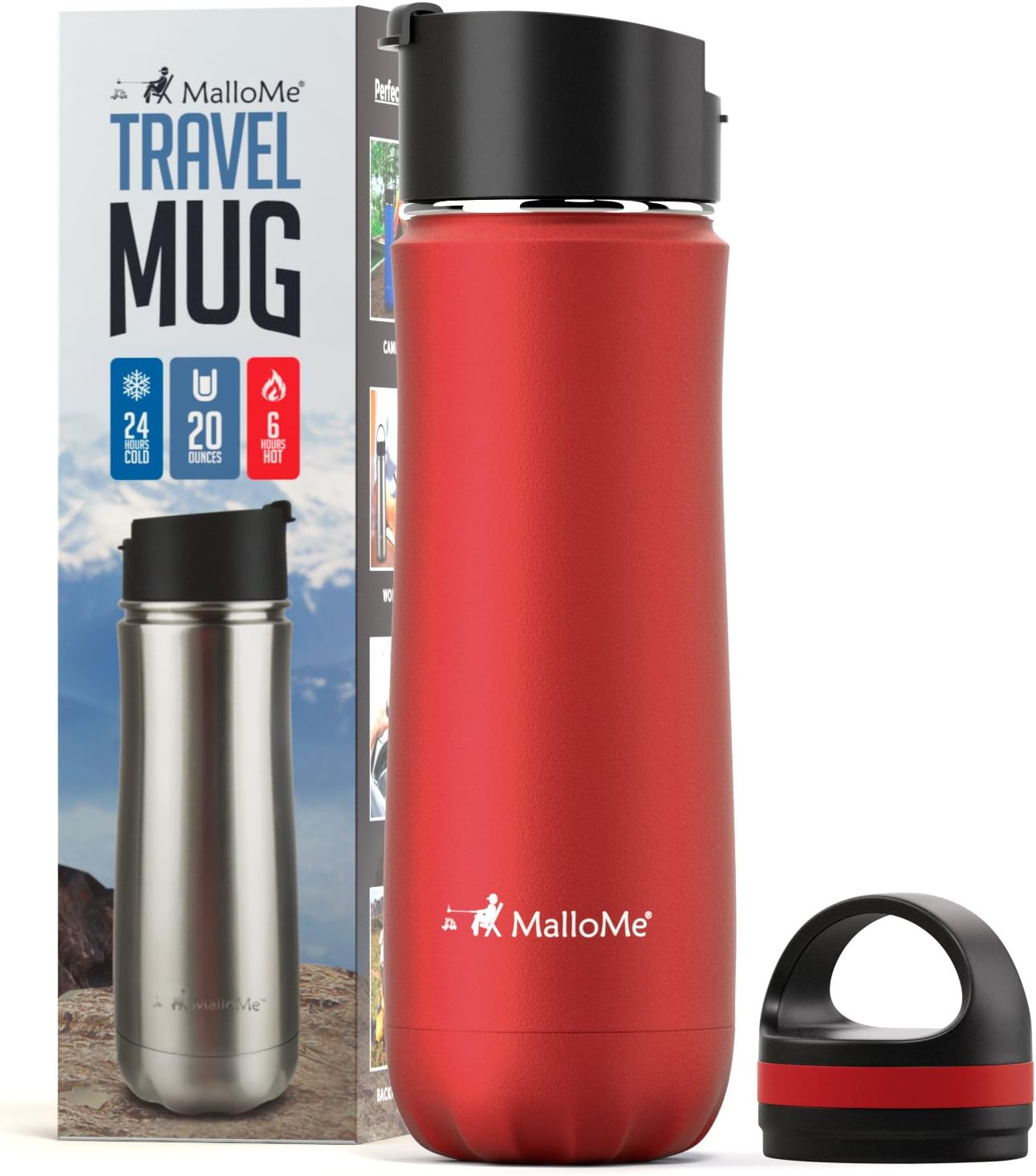 MalloMe Stainless Steel Coffee Travel Mug – 20 oz Vacuum Insulated Water Bottle Thermos Flask Cup Combo – Triple Walled Tumbler, 7 Colors, Two BPA Free Leak Proof Lids Included