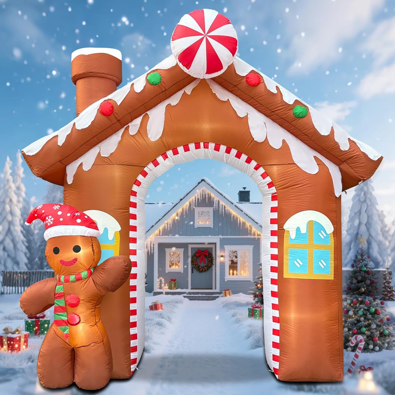 Arco de Navidad inflable para casa de jengibre de 3 m, con hombre de jengibre, decoración exterior con luces LED integradas para jardín, césped, fiestas de Navidad y otras ocasiones festivas