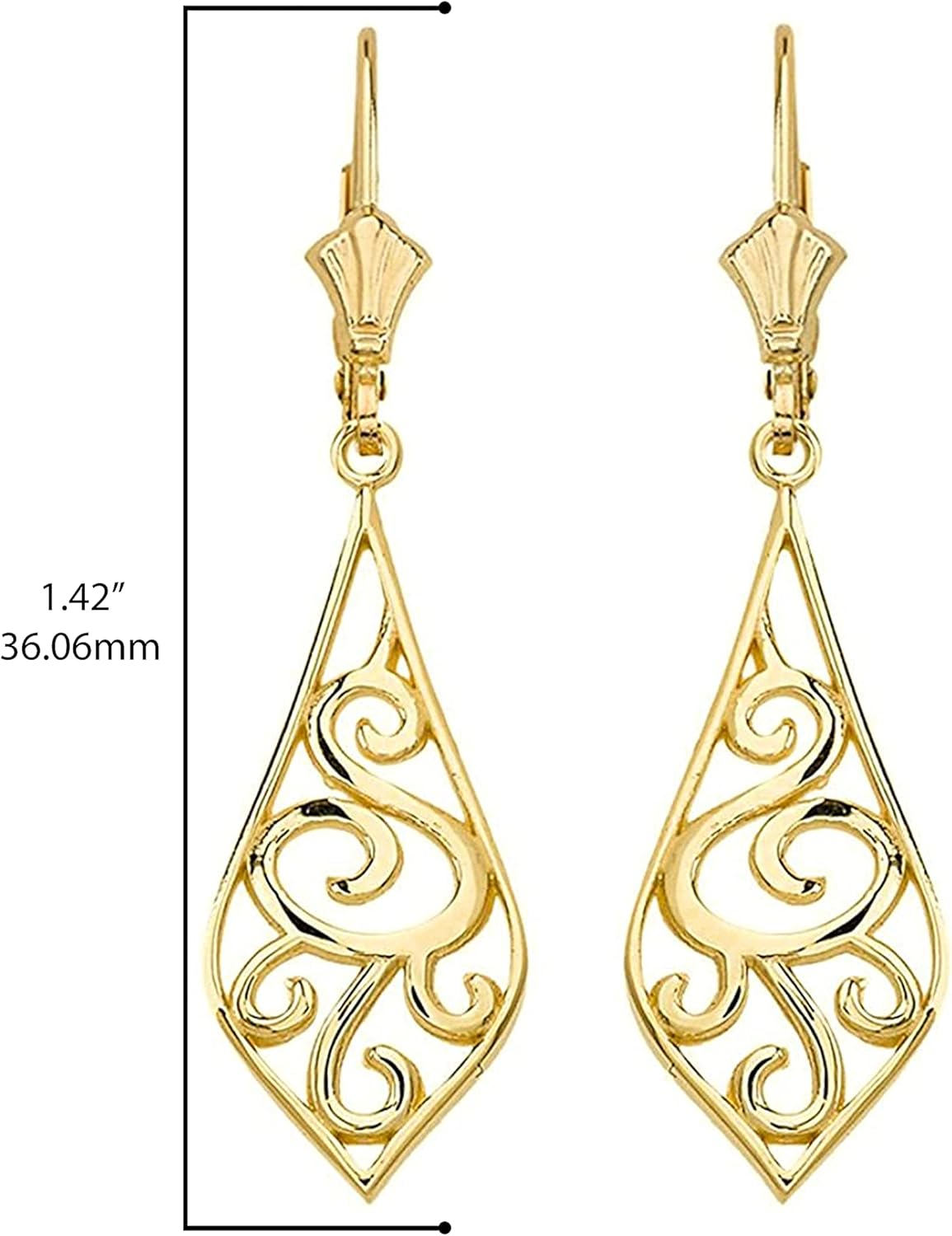 10K or 14K Yellow, White, or Rose Gold Art Nouveau Swirl Teardrop Dangle Leverback Earrings - Choice of Metal & Size - Image 3