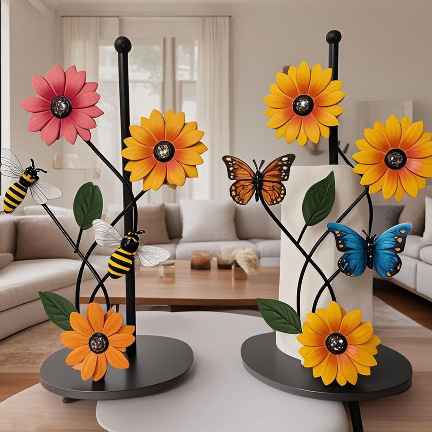 Dispenser Per Rotoli Da Cucina, Portarotolo Da Cucina In Piedi, Supporto Per Rotolo In Piedi, Portarotolo Da Autoportante Nero - Piccole Api Girasole In Ferro, Decorazione Creativa per Casa
