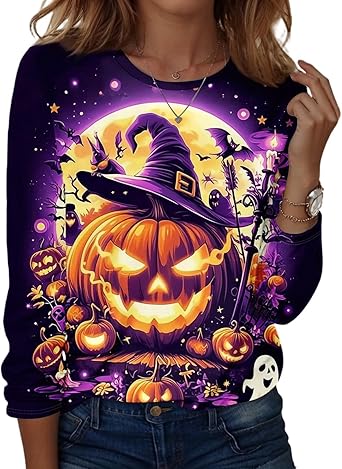 Halloween Shirts for Women Long Sleeve Plus Size Fashion Crewneck Comfortable Tshirts Halloween Costumes for Women