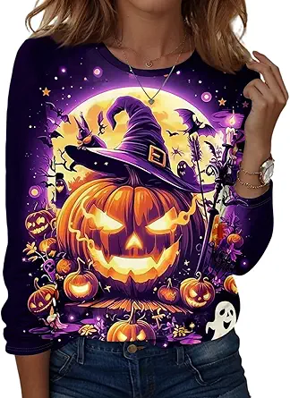 Halloween Shirts for Women Long Sleeve Plus Size Fashion Crewneck Comfortable Tshirts Halloween Costumes for Women