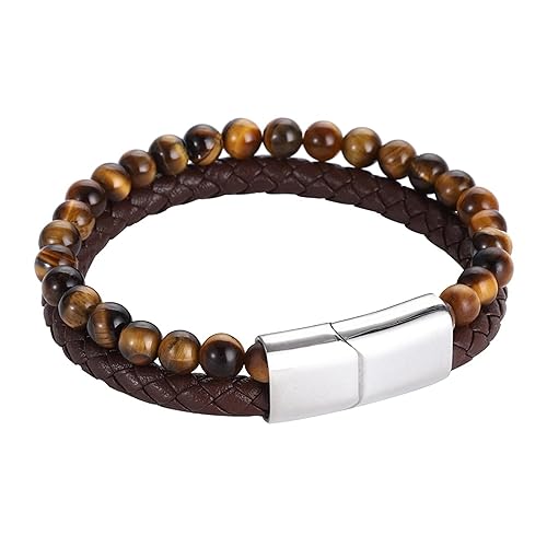 Miniatura 2 de Multilayer Tiger Eye and Braided Genuine Leather Bracelet for Men. Triple Protection Bracelet, Stainless Steel Magnetic Clasp. (8.8inches, Gold