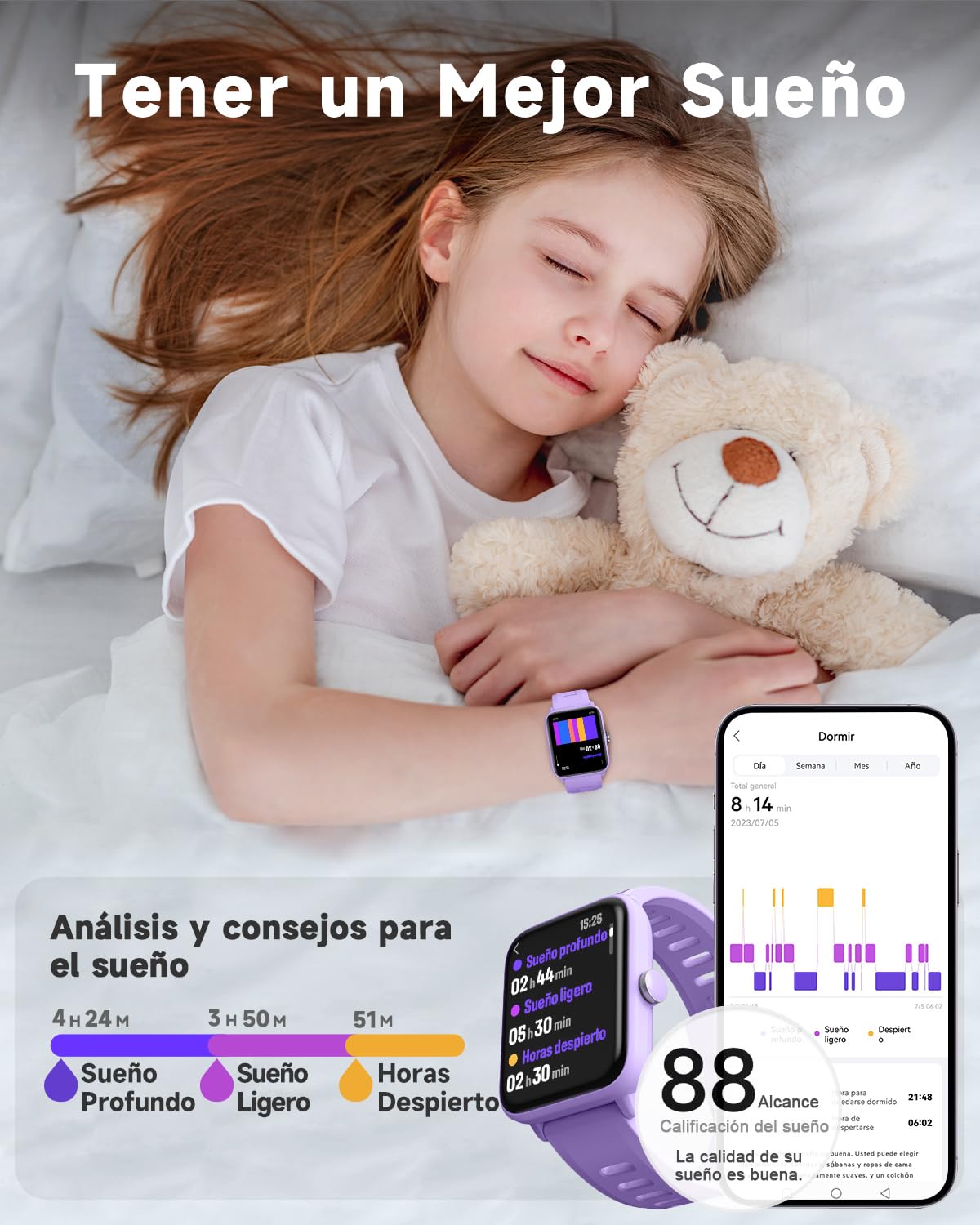 BIGGERFIVE Pulsera Actividad Niñas 3 a 14 años, Reloj Inteligente con Podómetro, Frecuencia cardíaca, Resistente al Agua 5 ATM, Monitor de Sueño, Despertador, Juegos de Rompecabezas