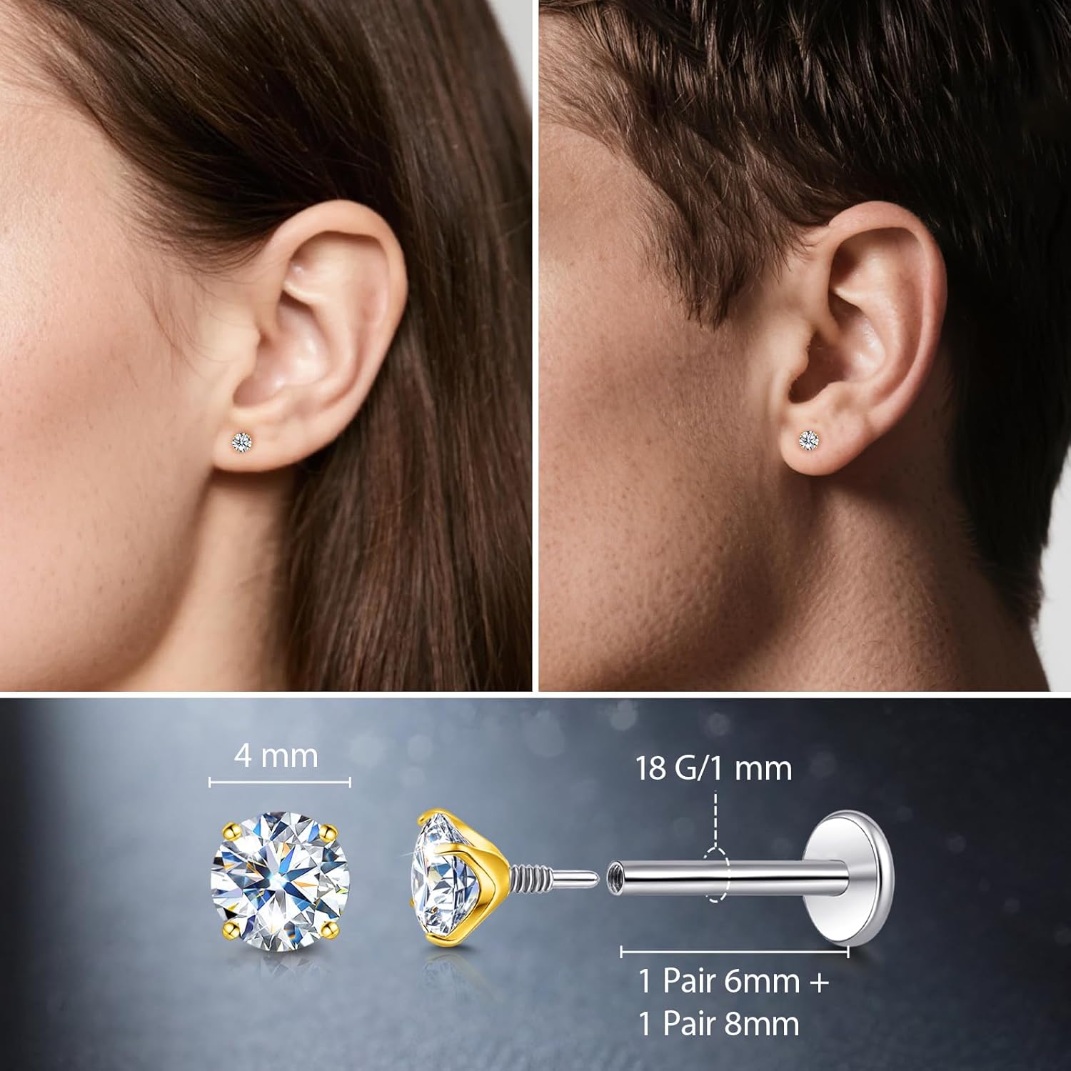 Limerencia Moissanite Internal Thread 18G Titanium Earrings, Hypoallergenic F136 Titanium Flat Back Piercing Studs, VVS1 Lab-created Moissanite Studs for Women Men Tragus Helix Cartilage Conch Labret