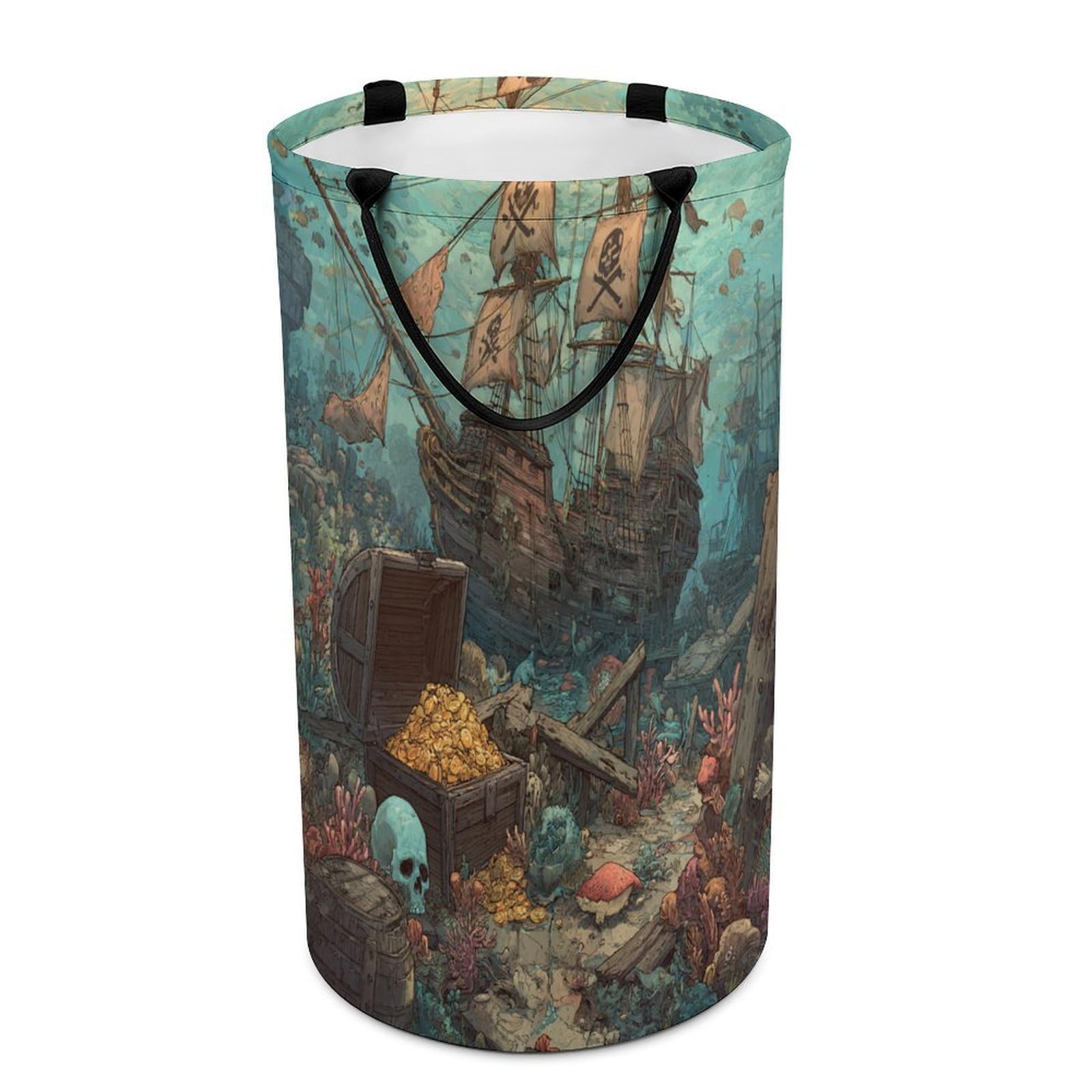 LUYYSKY Fantasy Classic Pirate Ship Collapsible Dirty Clothes Basket, Retro Oil Painting Nautical Underwater Treasure Shipwreck Skull Portable Clothes Storage Laundry Basket-40 CM Dia, 69 CM High