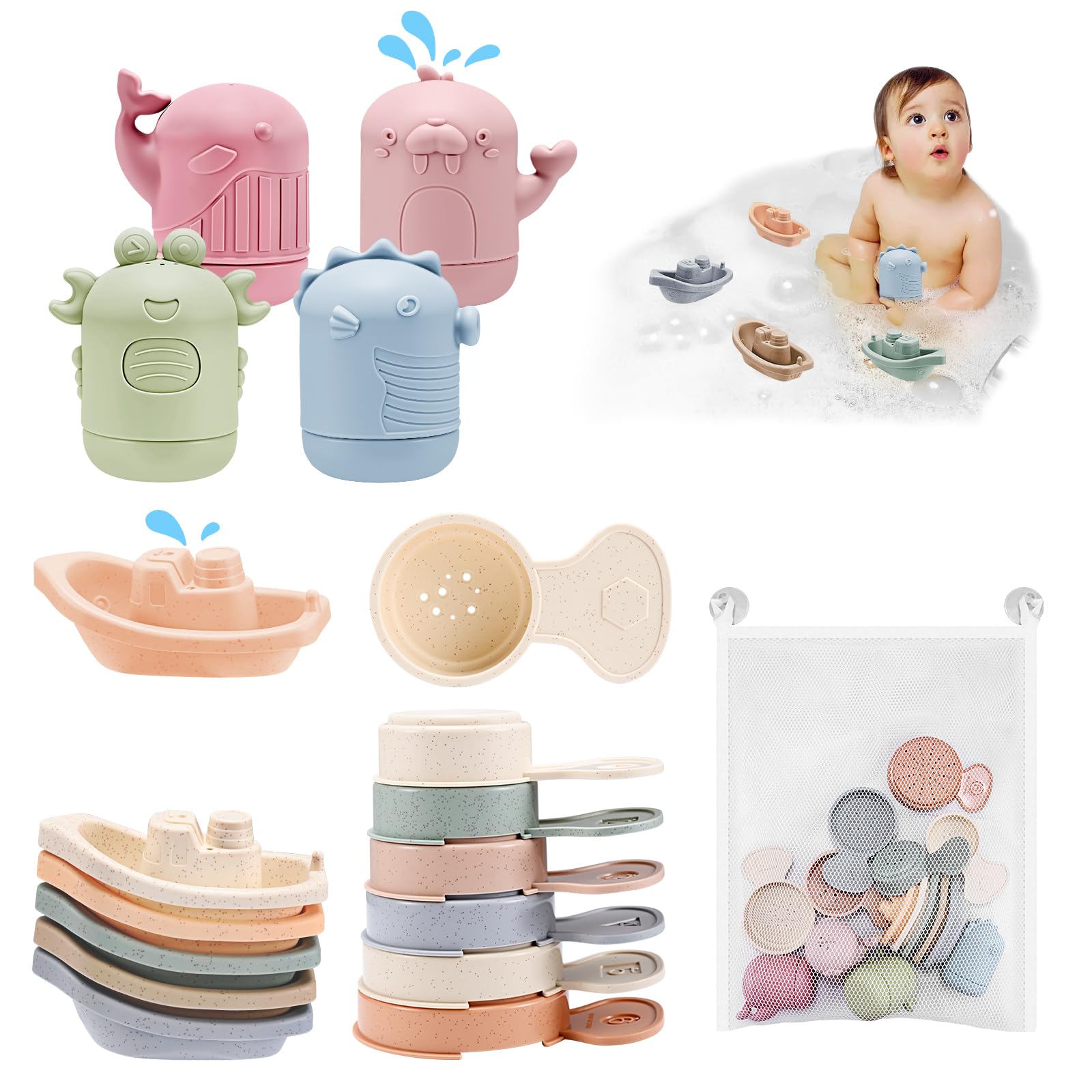 16 Pezzi Giochi da Bagno,Giochi per il bagnetto,Giocattolo da Bagnetto per Bambini,Giocattoli Animali in Silicone con barchette da bagno impilabili e cucchiaio,per Vasca da Bagno e Piscina