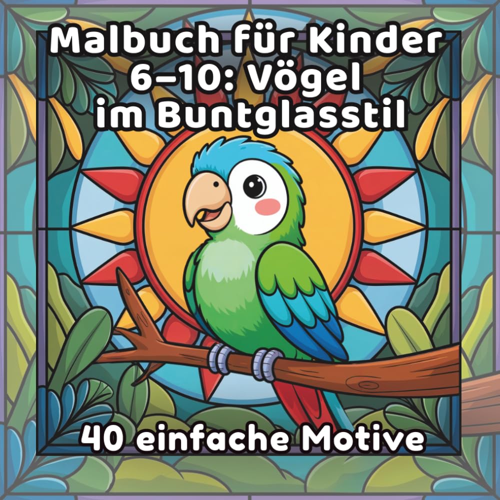 Malbuch für Kinder 6–10: Vögel im Buntglasstil: 40 einfache Motive