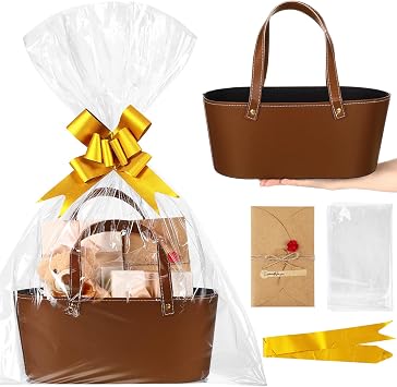 Wonderjune Empty Baskets for Gift Thanksgiving Leather Gift Bags, Brown