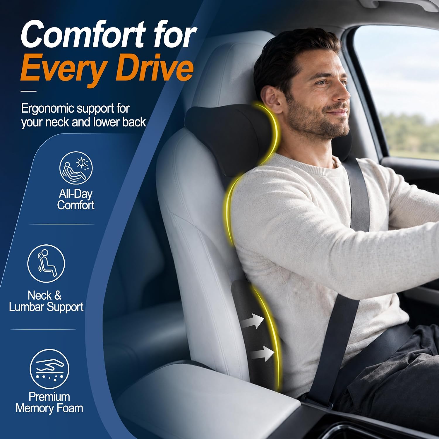 Allaboutsla Car Neck Pillow & Lumbar Support Set: Ergonomic Memory Foam Neck and Back Support Cushion Set for Long Driving, Back and Headrest Pillow with Adjustable Straps for Car, SUV, Truck - Black