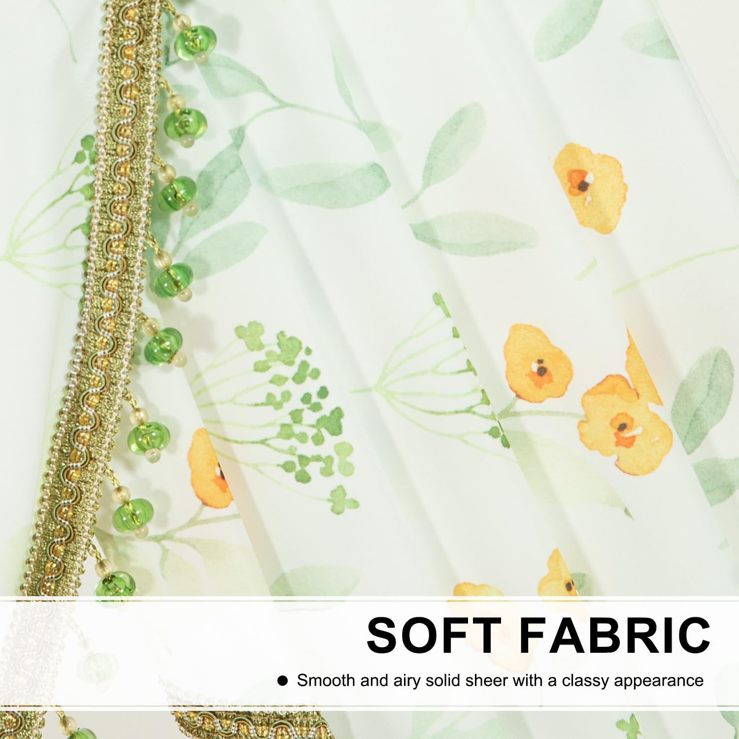 Leeva Waterfall Valance Sheers for Windows - Elegant Yellow Flower & Green Plant Print Valances, Soft Touch Swag Design, 39 Inches Wide, Perfect for Living Room & Bedroom