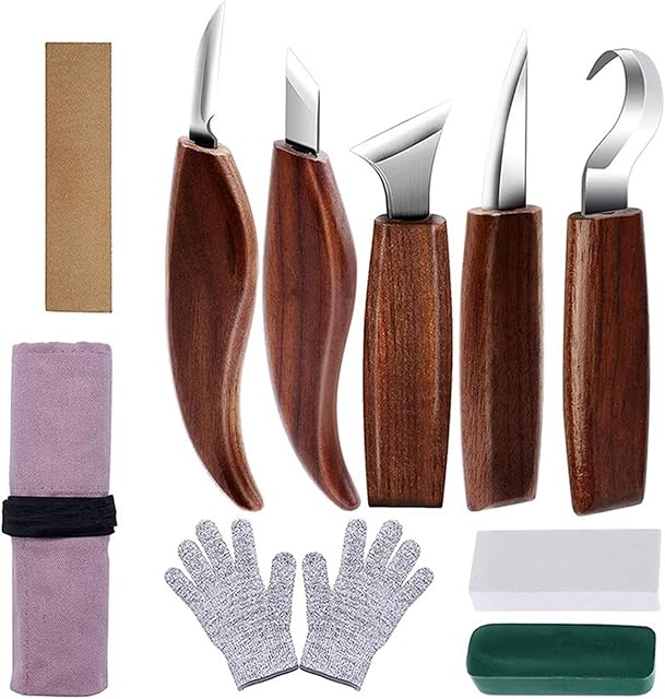 mumisuto Wood Carving Tools Set 10Pcs Chrome Vanadium Steel Carving Knife Wood Whittling Kit with Polishing Stone, Professional Wood Carving Knife for Wood, Fruit, Vegetable Carving, Sculpture (B)