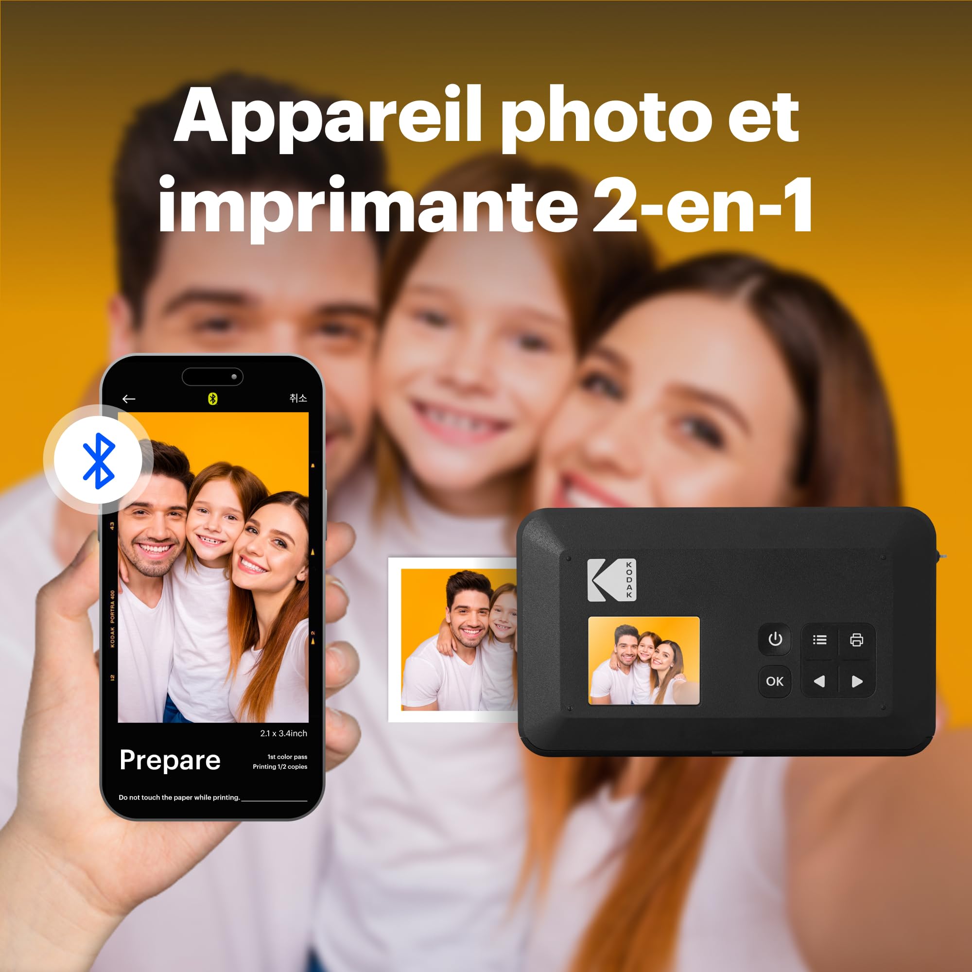 KODAK Mini Shot 2 Retro Appareil Photo Instantané Numérique 2-en-1 5,3 x 8,6 cm 38 Feuilles Imprimante Bluetooth iOS Android 4PASS Blanc