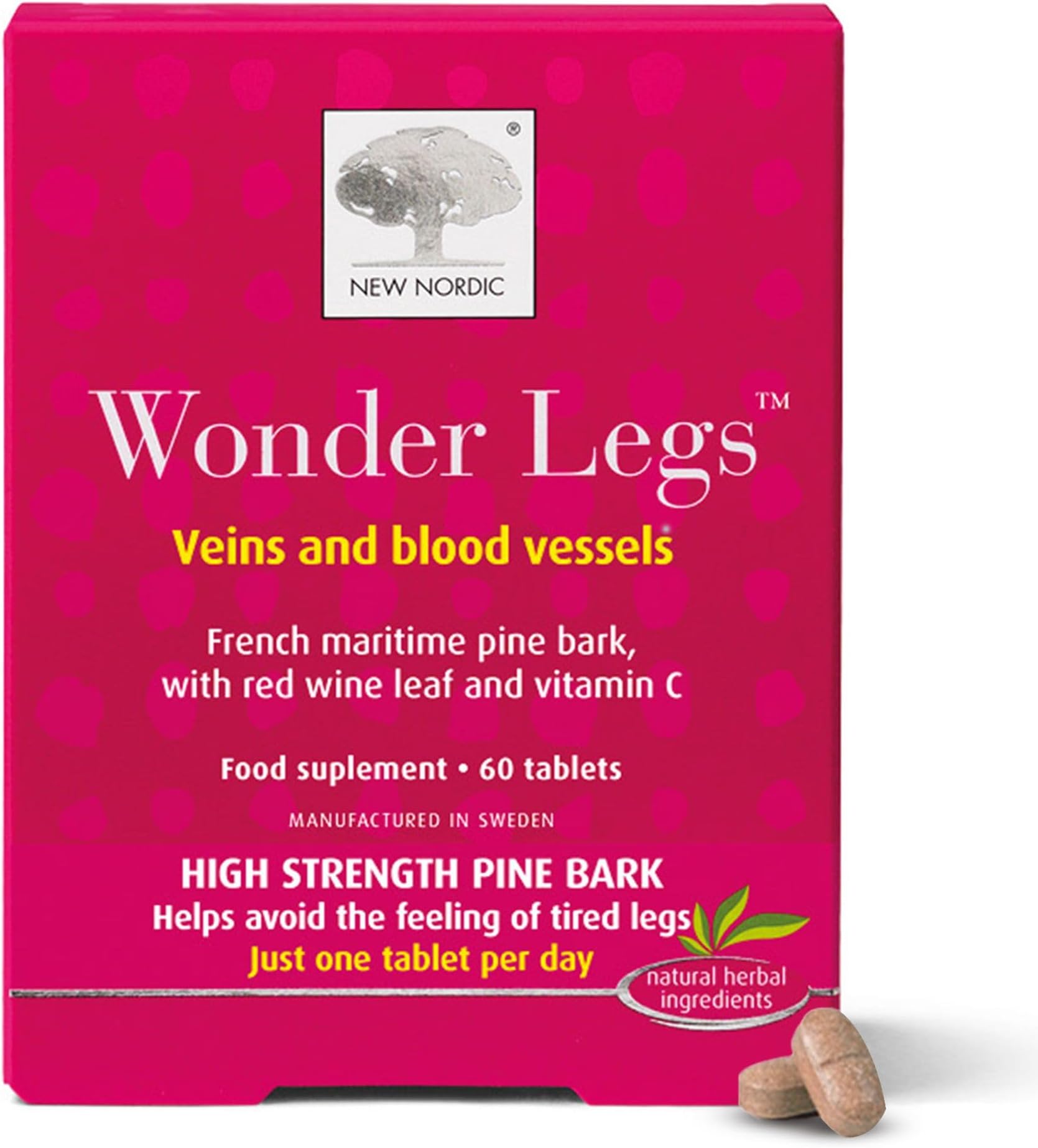 New Nordic Wonder Legs - 60 Tablets - Gluten and Dairy Free - Vegan Supplements - High Strength Pine Bark for Tired Legs - Maintain Normal Veins and Blood Vessels Function