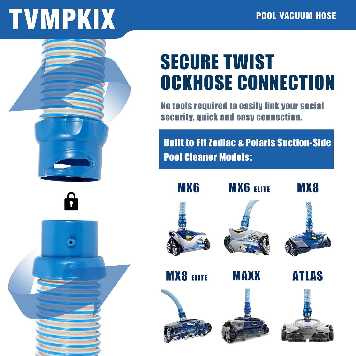 Pool Cleaner Hose for Zodiac MX6 MX8 Replacement Parts, 39 Inch R0527700 Twist Lock Pool Vacuum Hose (8pack)