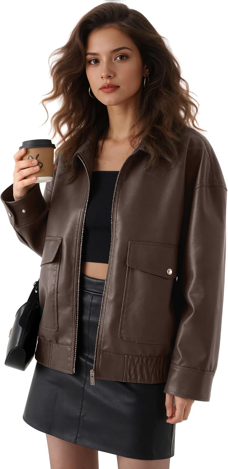 Oversize Leather Jacket Women Faux Motorcycle Coats Bomber with Double Pockets,2025 Fall,Winter Fashion Outwear - Image 3
