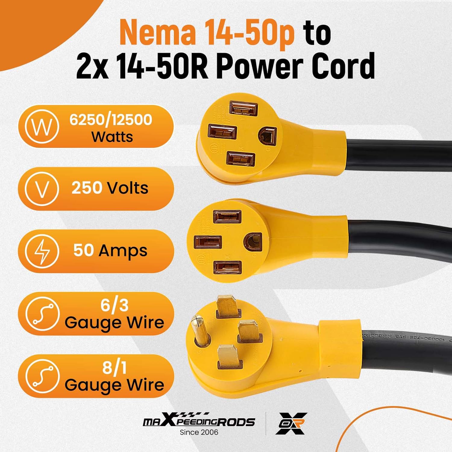 maXpeedingrods 50 Amp Y Splitter Adapter Cord 4 Prong 250V with 14-50P to 2X 14-50R Outdoor Extension Cord, 3 Feet 6/3 8/1 STW AWG for RV EV, for Tesla Model 3/S/X/Y