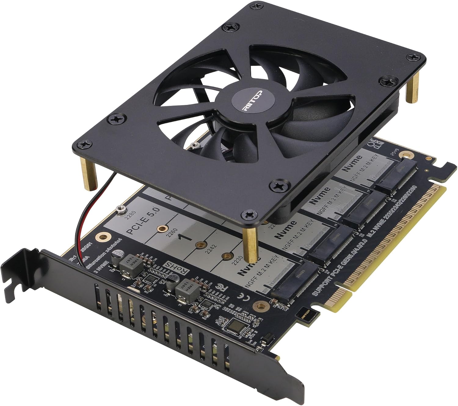 Quad NVMe PCIe 5.0 Adapter with Fan, RIITOP PCIe 5.0 x16 to 4X NVMe SSD Card (Comptible with PCI-e Bifurcation Motherboard)