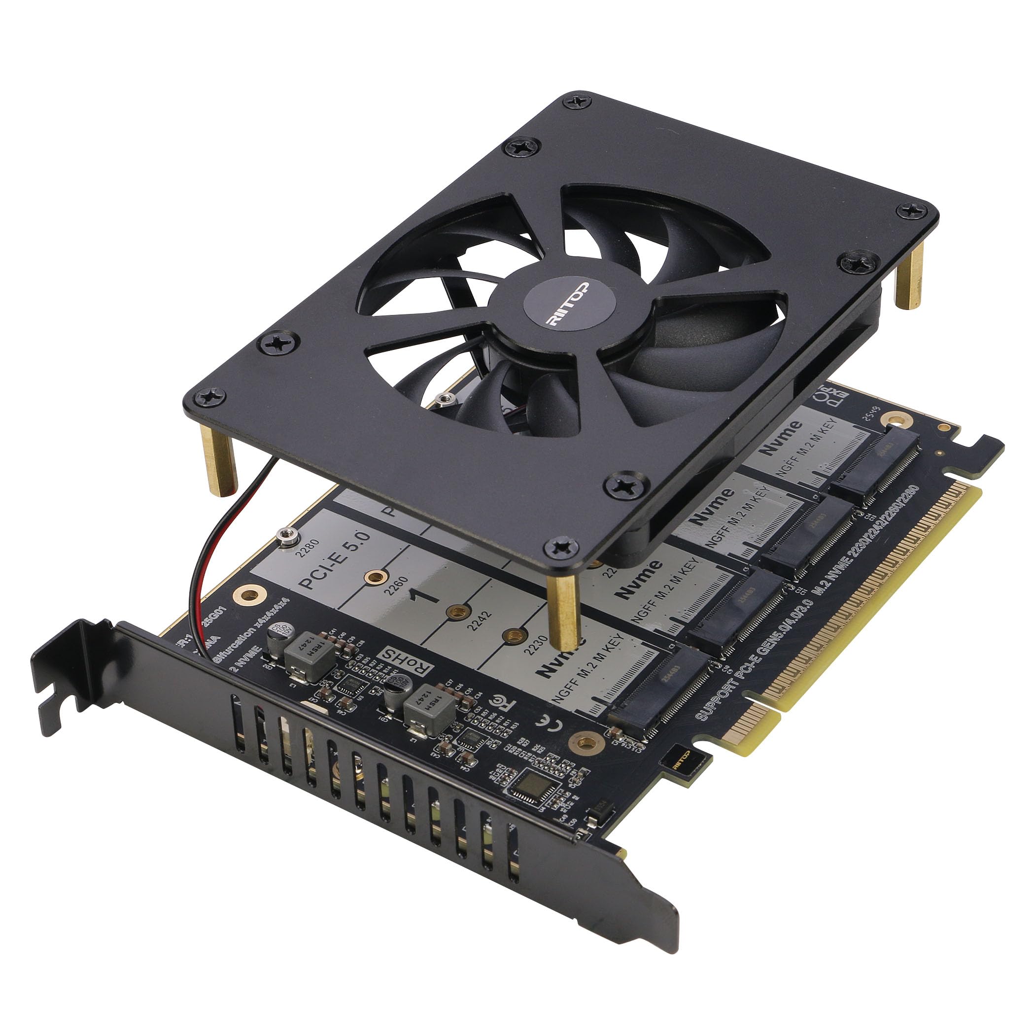 Quad NVMe PCIe 5.0 Adapter with Fan, RIITOP PCIe 5.0 x16 to 4X NVMe SSD Card (Comptible with PCI-e Bifurcation Motherboard)-image-33
