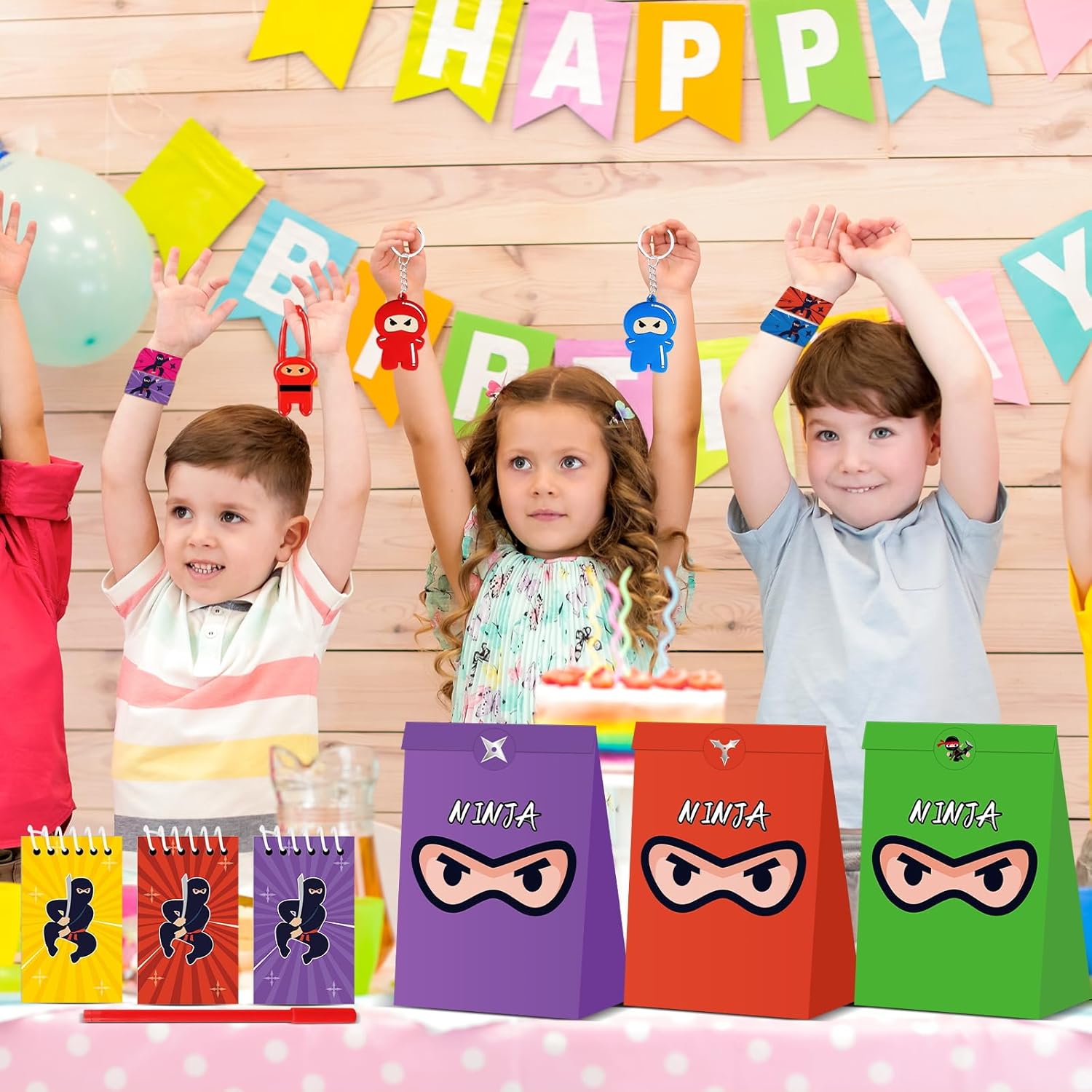 84pcs Karate Party Favor Colorful Karate Paper Bag Notepad Pen Slap Bracelets Key Chain TPR Stretchy Flying Toys Stickers Karate Party Supplies for Boys Girls Birthday Classroom Activities Party Kits
