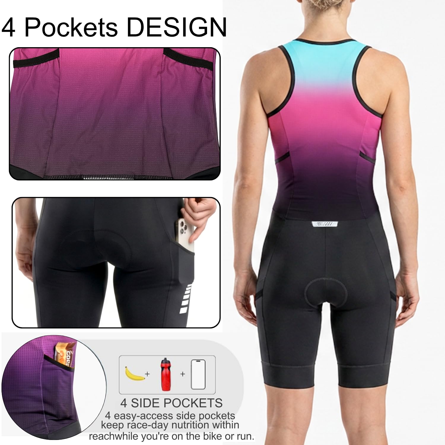 Wulibike Damen Triathlon Anzug Ärmellos Trisuit Gepolstert Schnell Trocknend Atmungsaktiv Full-Zip Tri Suit 4 Taschen Schwimmen Radfahren Laufen