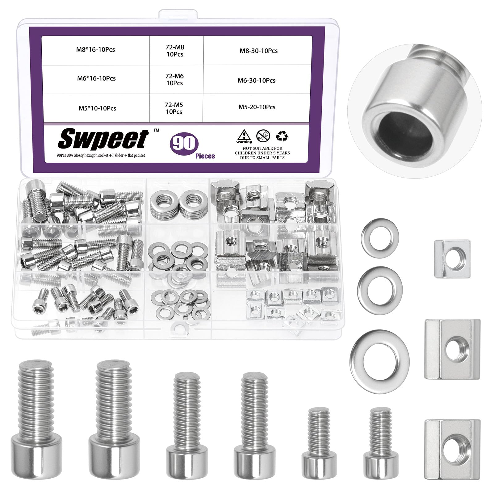 Swpeet 90Pcs 3 Sizes M5 M6 M8 Stainless Steel T-Slot Nut with Allen Screw Bolt and Flat Washer Assortment Kit, Series 2020 3030 Slot Block Set, Type B T-Slot Nut, Sliding Nuts for Aluminum Profile