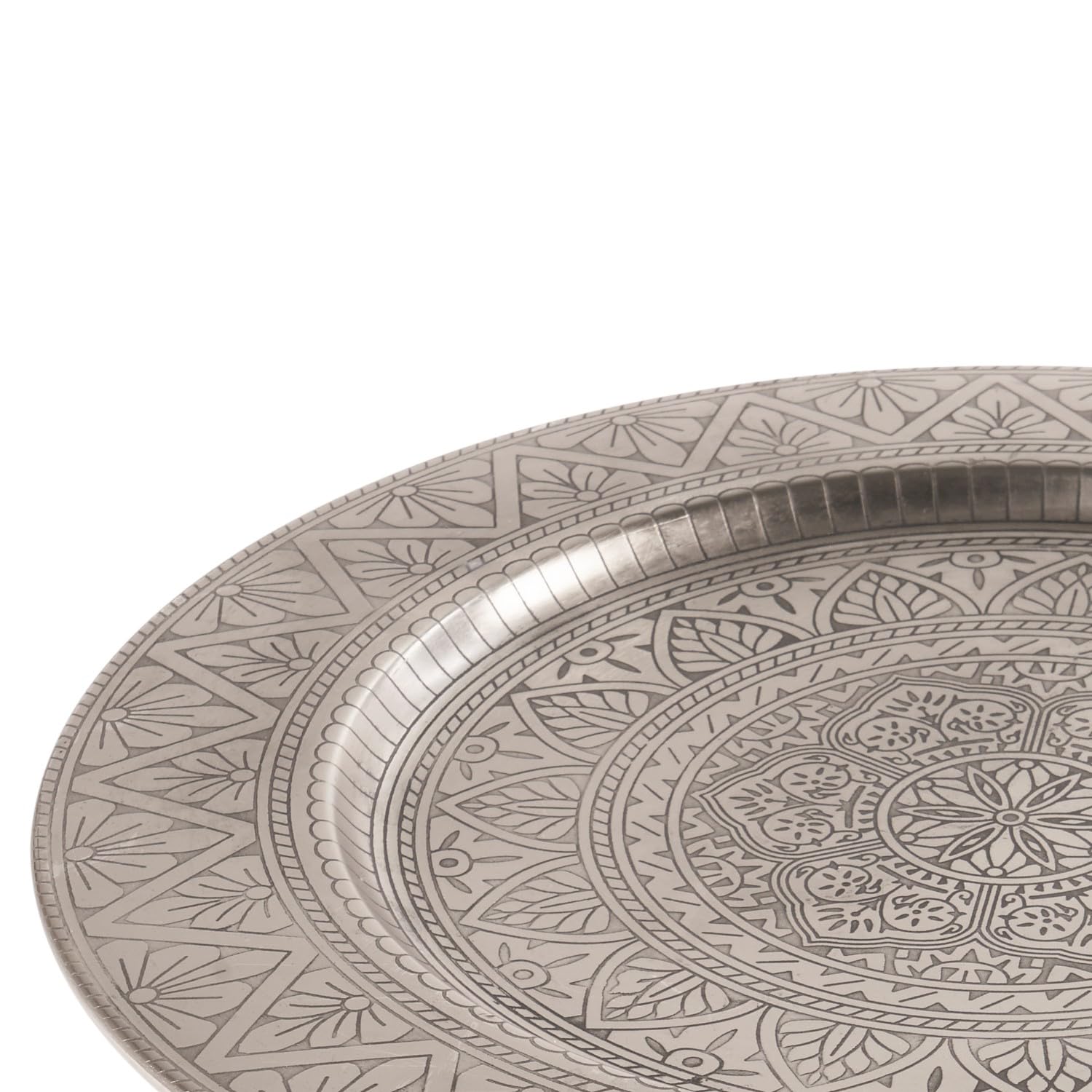 Marrakesch Orientalische Boho Deko Tablett Serviertablett aus Metall 35 cm | Kerzentablett Manar in Silber als Tischdeko für Küche & Wohnzimmer | Vintage (Silber)