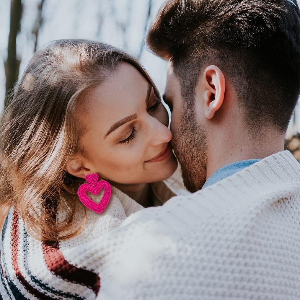 Bead Dangle Earrings for Women Beaded Heart Dangle Earrings Bohemia Statement Bead Drop Earrings Studs Valentine’s Day Heart Beaded Earrings Gifts - Image 2
