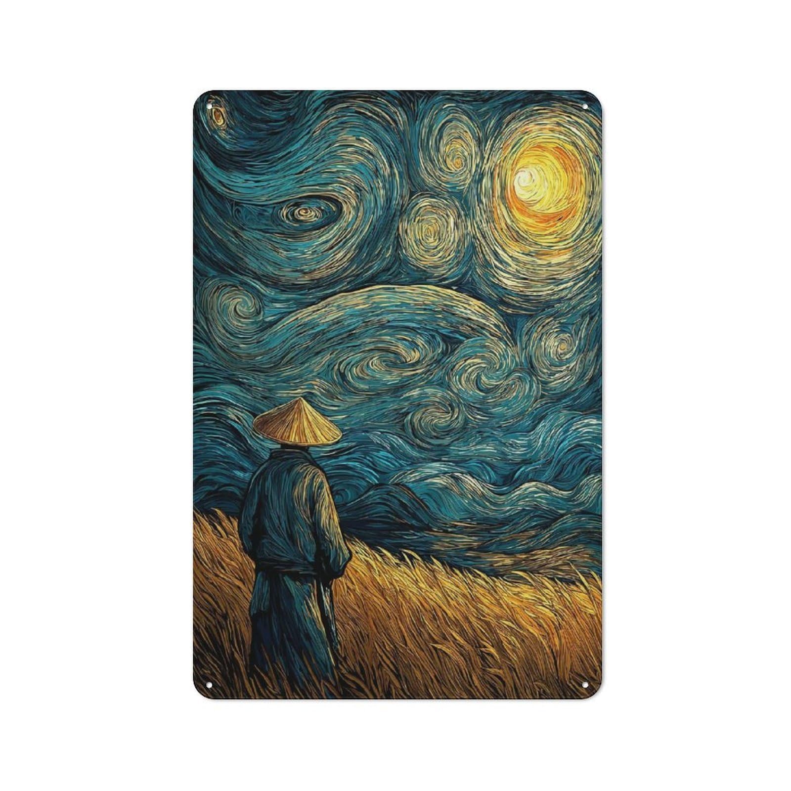 Junmoney Style Rustic Samurai In Starry Night Tin Wall Plaque 30X20cm, Rustic Kitchen Decor For Cottage, Kitchen, Hallway Or Breakfast Nook