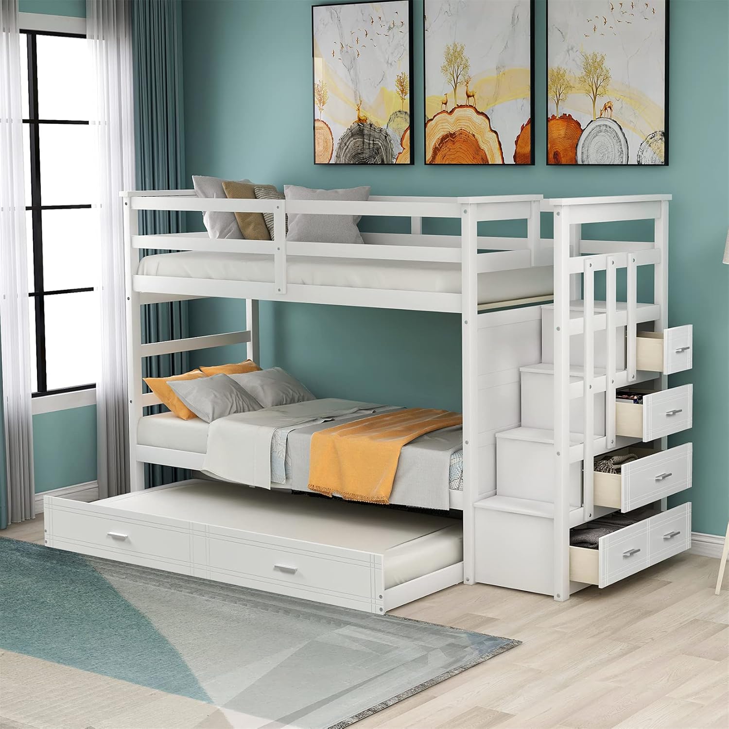 Bunk Beds Twin Over Twin with Trundle Stairway Bunk Beds