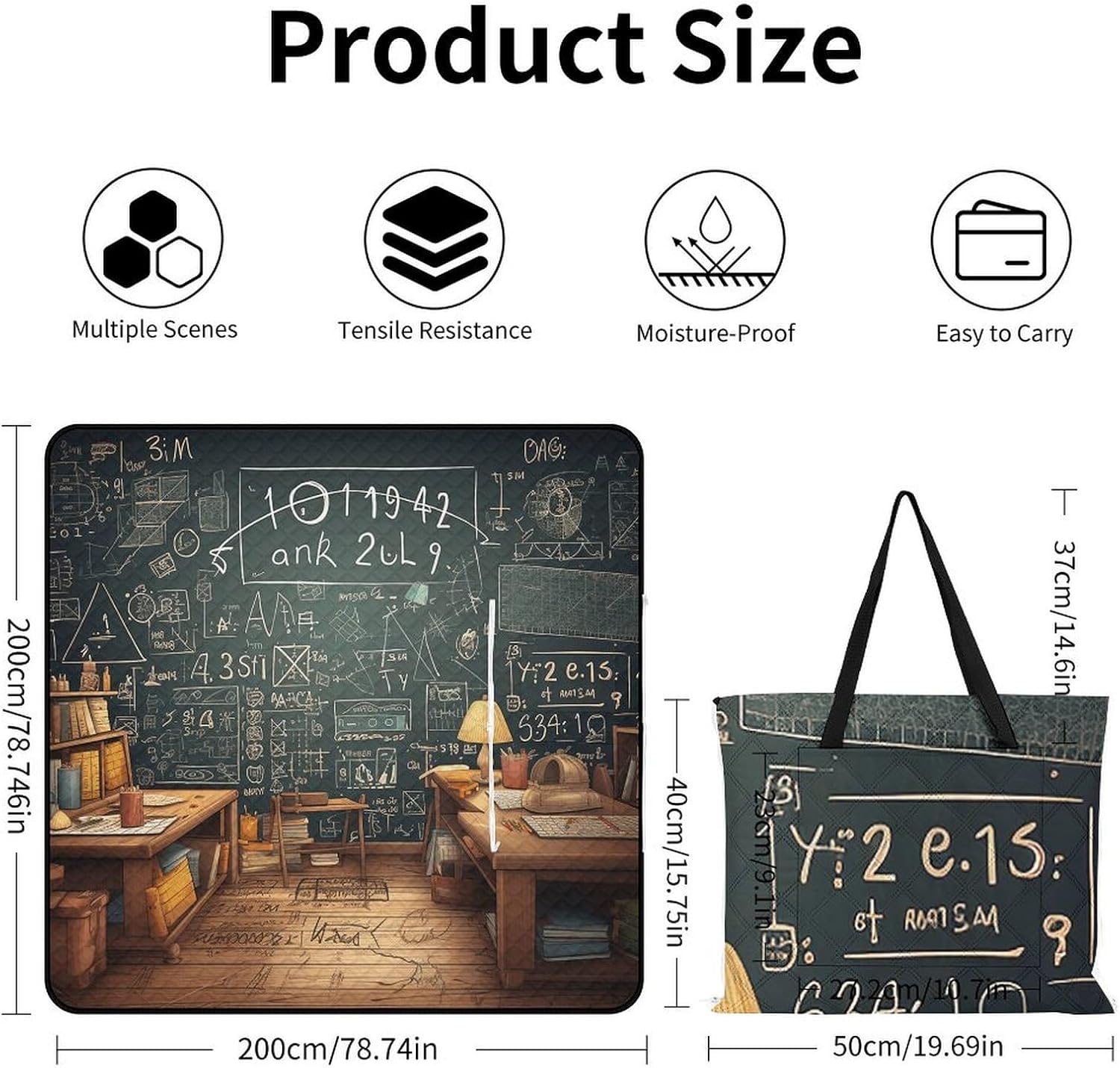 Math Picnic Blanket 200x200cm, Foldable 2-in-1 Picnic Mat and Tote Bag Portable Waterproof Beach Mat Sandproof Outdoor Blanket for Park, Hiking, Beach, Camping, Travel