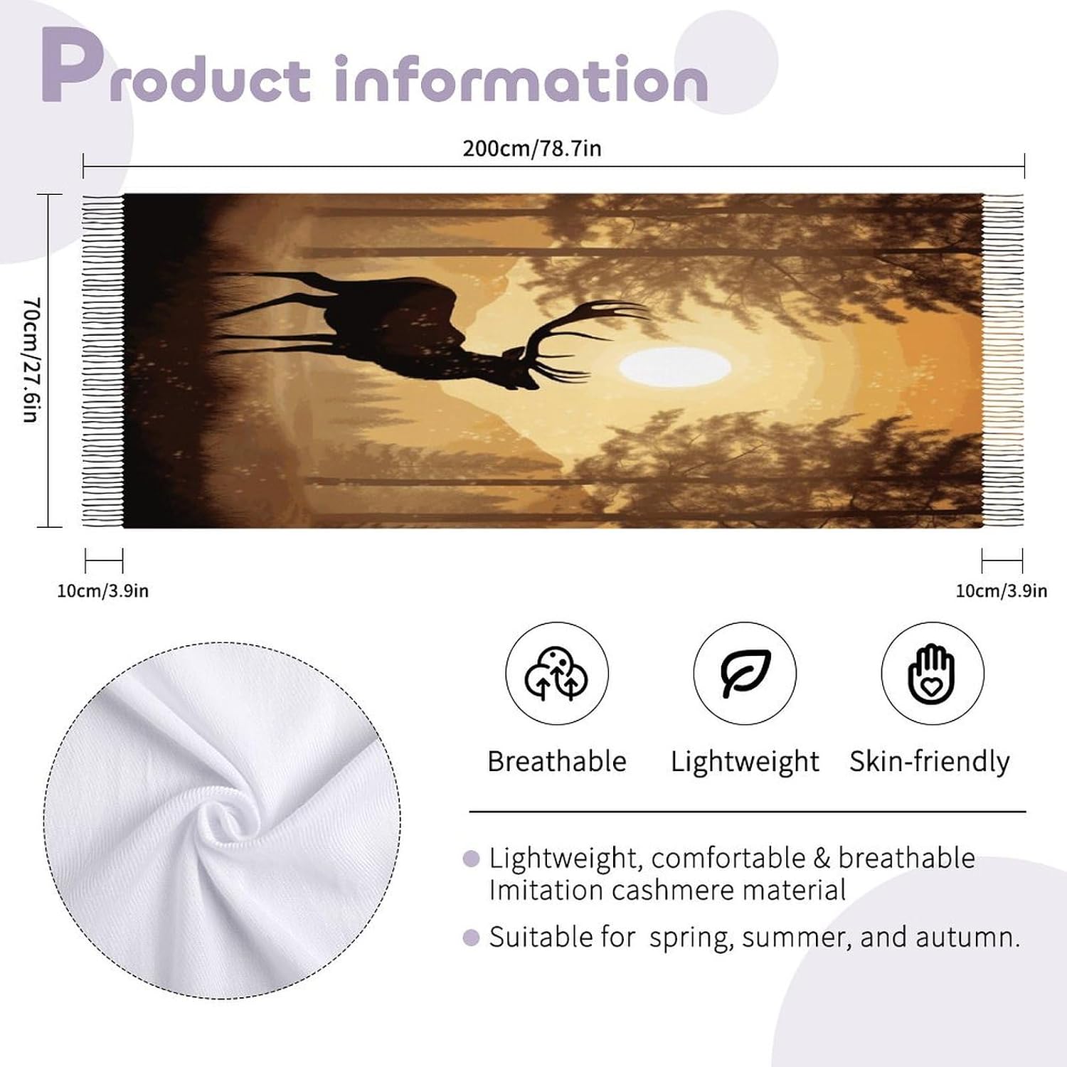 Elk Artwork Winter Scarf for Women Soft Tassel Scarves Oversized Wraps Long Shawl Cold Weather Thick Blanket Scarfs