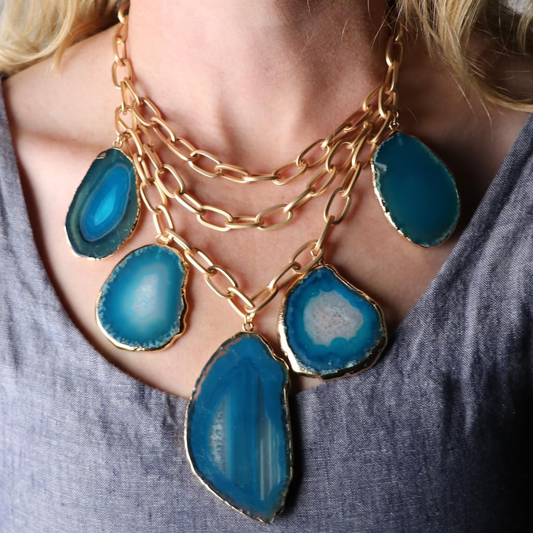 Rosemarie & Jubalee Women's Statement Natural Howlite Stone Slices On Chic Matte Gold Tone Multistrand Paperclip Link Chains Bib Necklace, 16"+3" Extension