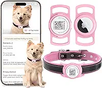 Coleira de Couro Legítimo para Cães com Capa Protetora de Silicone para AirTag, Plaquinha de Identificação, Rastreador Pet, Ajustável e Acolchoada, Cães de Pequeno Porte (Rosa, S)