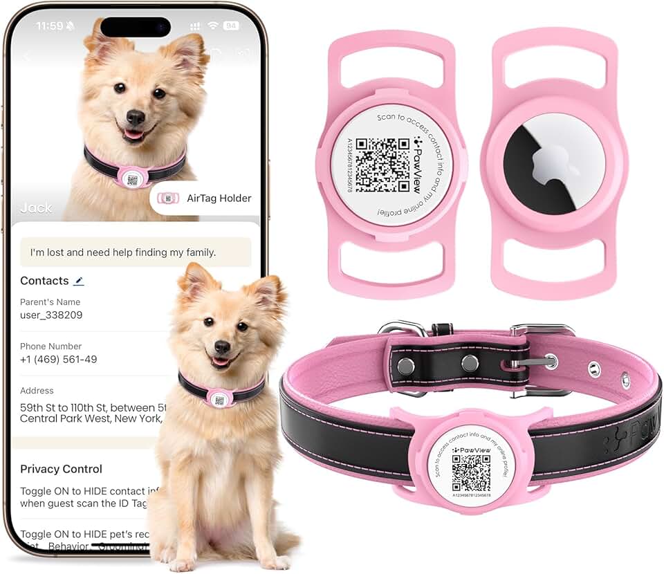 Coleira de Couro Legítimo para Cães com Capa Protetora de Silicone para AirTag, Plaquinha de Identificação, Rastreador Pet, Ajustável e Acolchoada, Cães de Pequeno Porte (Rosa, S)