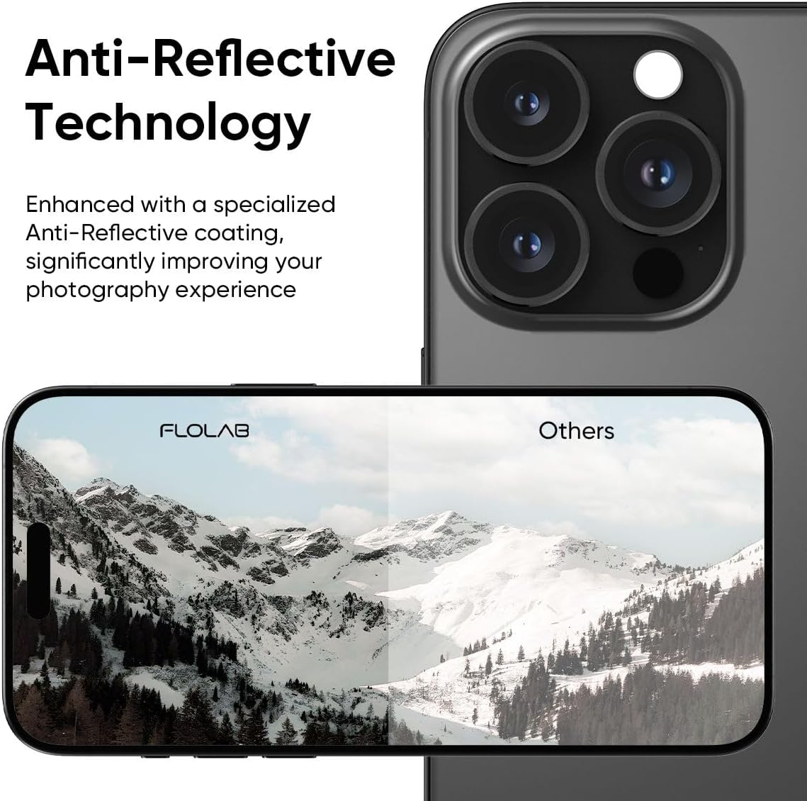 FLOLAB NanoArmour Anti-Reflective for iPhone 16 Pro Max/iPhone 16 Pro Camera Lens Protector - Durable Tempered Glass with Aluminum Ring, TruColors, Ultra Clear, Easy Install - Black