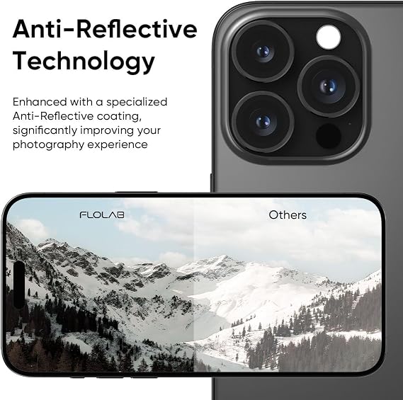 FLOLAB NanoArmour Anti-Reflective for iPhone 16 Pro Max/iPhone 16 Pro Camera Lens Protector - Durable Tempered Glass with Aluminum Ring, TruColors, Ultra Clear, Easy Install - Black