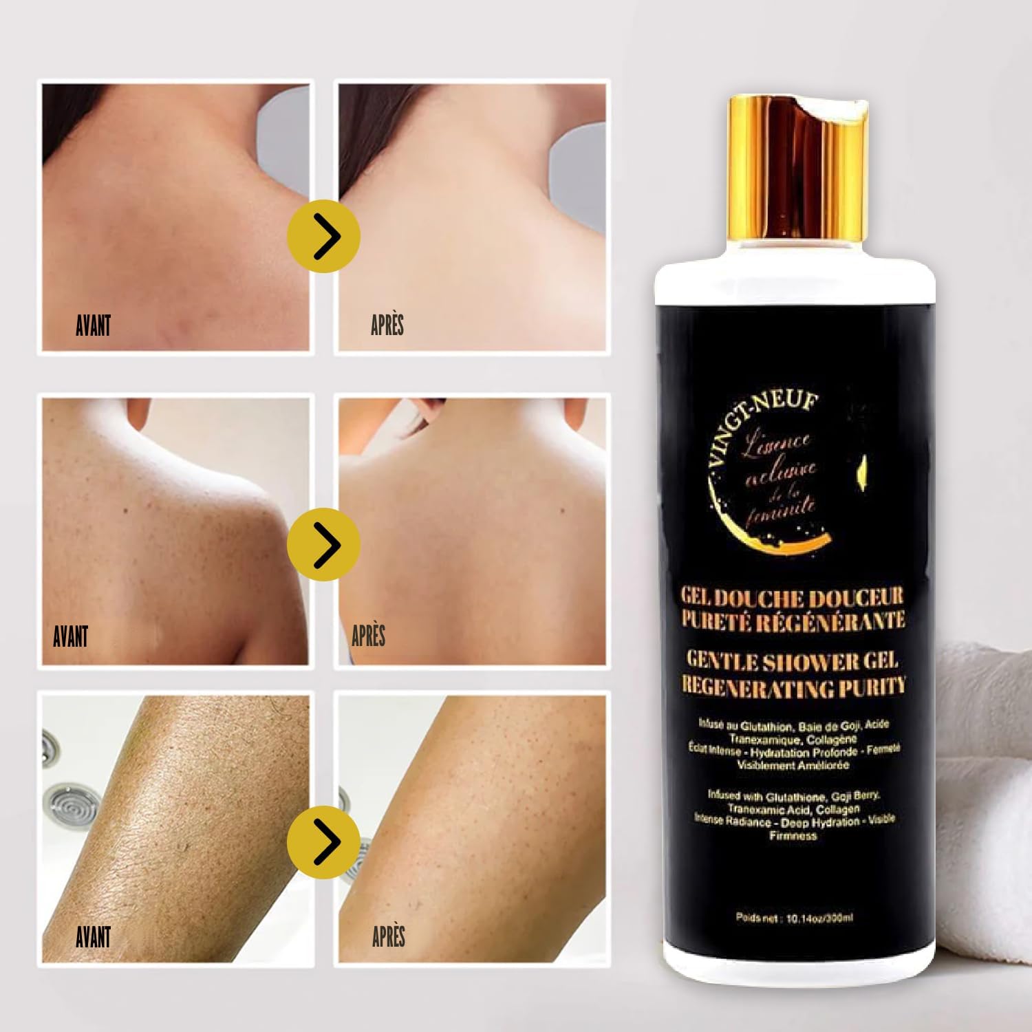 glutathione gel douche VINGT-NEUF Gel douche éclaircissant – Gel douche glutathion avec baies de  Goji et niacinamide