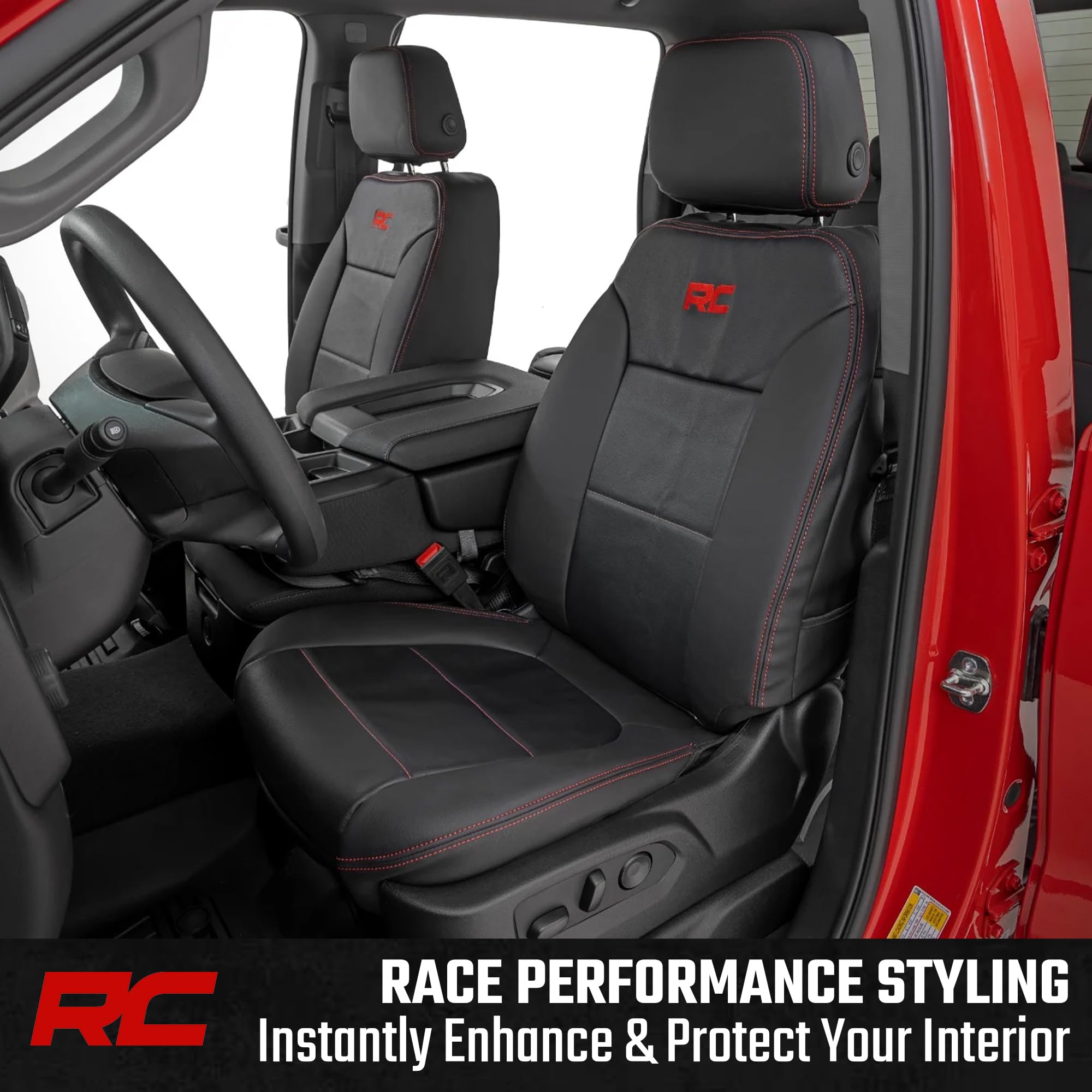 Rough Country Leather Seat Covers for Chevy Silverado 1500 & GMC Sierra 1500 Crew Cab (2019–2026) – Front Buckets & 60/40 Rear