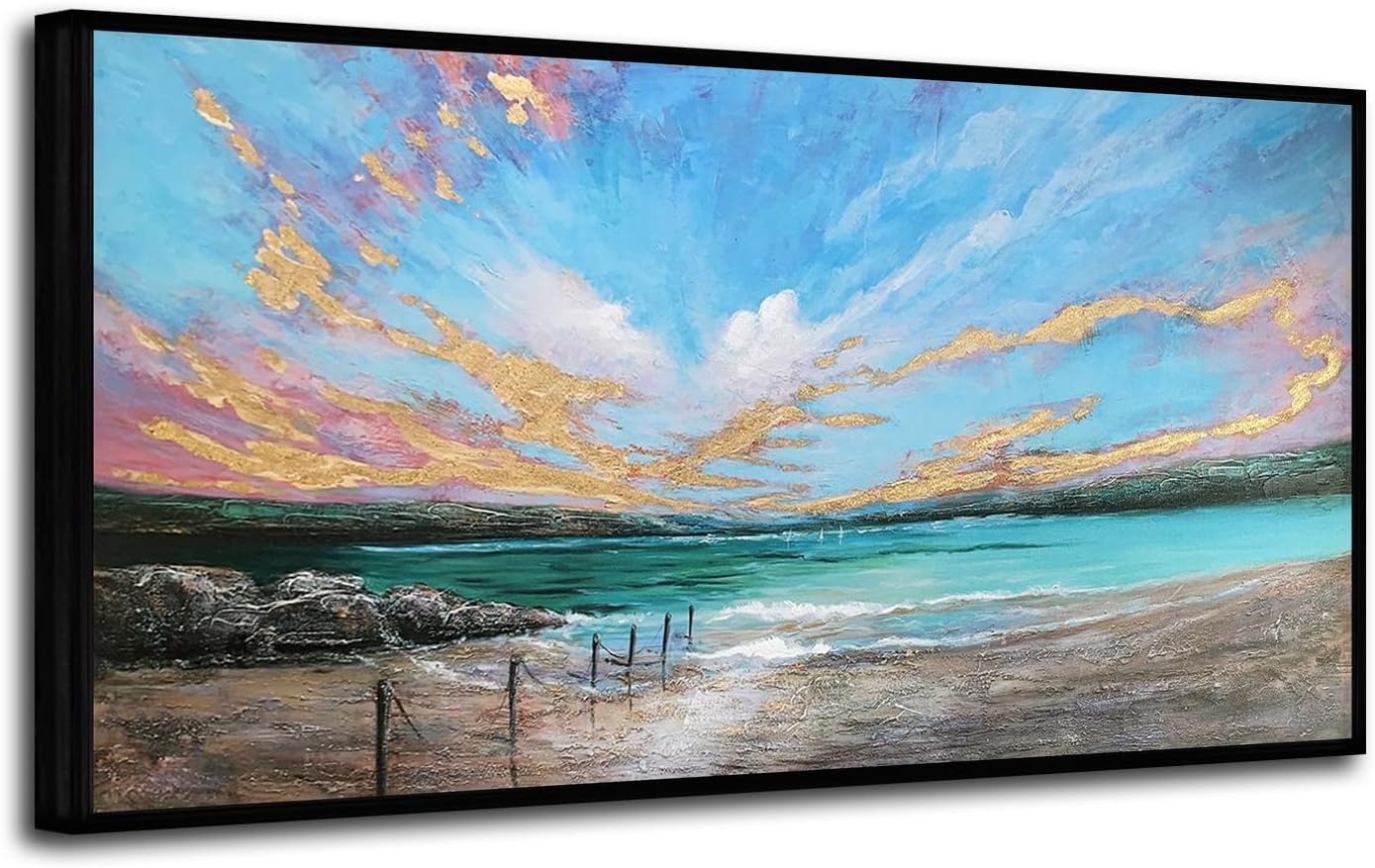 Arjun Ocean Canvas Wall Art Teal Coastal Beach Painting Blue Sky Nature Turquoise Landscape Panoramic Picture Textured Artwork for Living Room Bedroom Wall Decor, Large Size Black Wood Framed 40"x20" 40"x20" Teal Coastal Wall Art